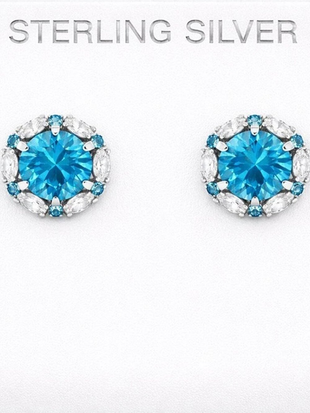 Created 2.42 Cts Blue Topaz & White Sapphire Stud Earrings .925 Silver